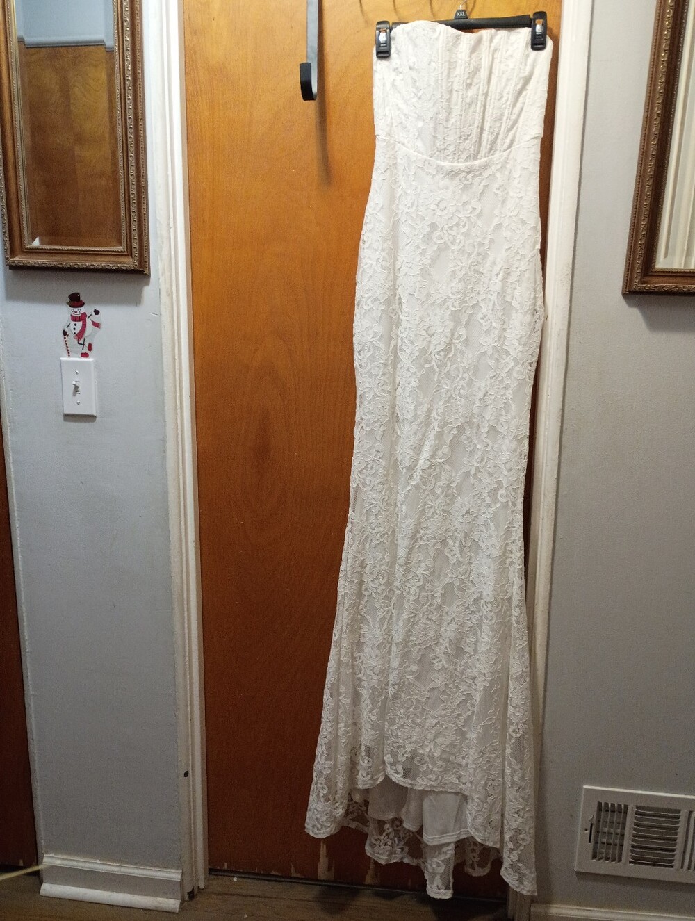 Fashion Nova Strapless Lace Maxi Dress in Ivory